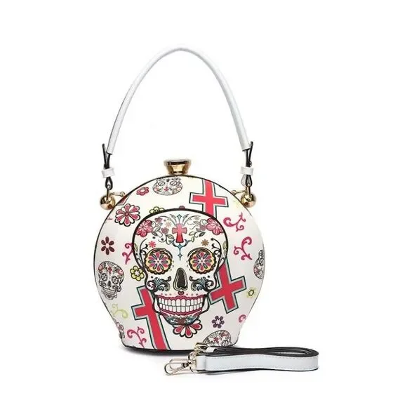 White Sugar Skull Ball Handbag Rhinestone Carry Handbag - Picture 1 of 2
